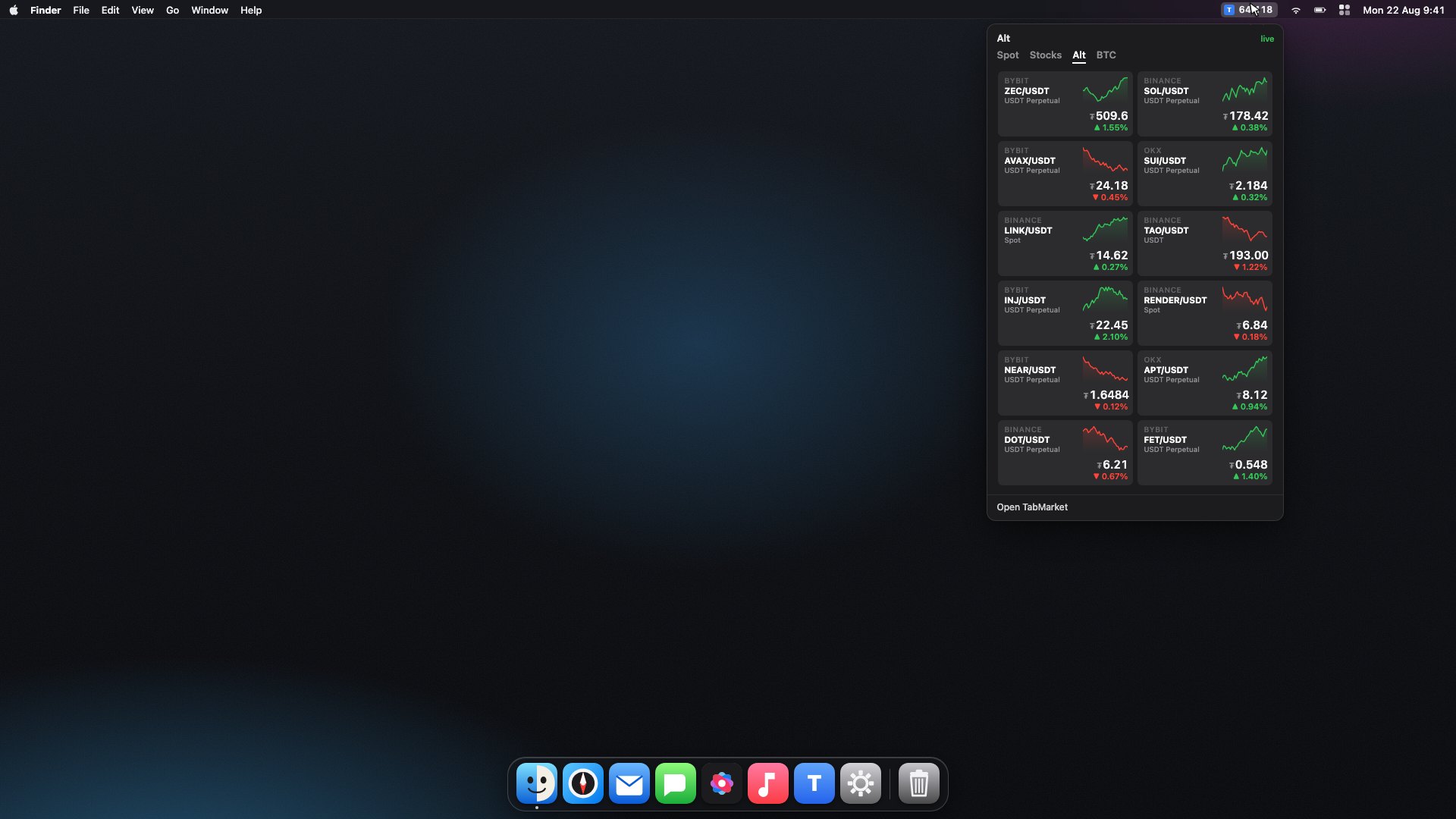 macOS desktop: TabMarket menu bar extra showing T 64,118, with the native Watchlists panel open below