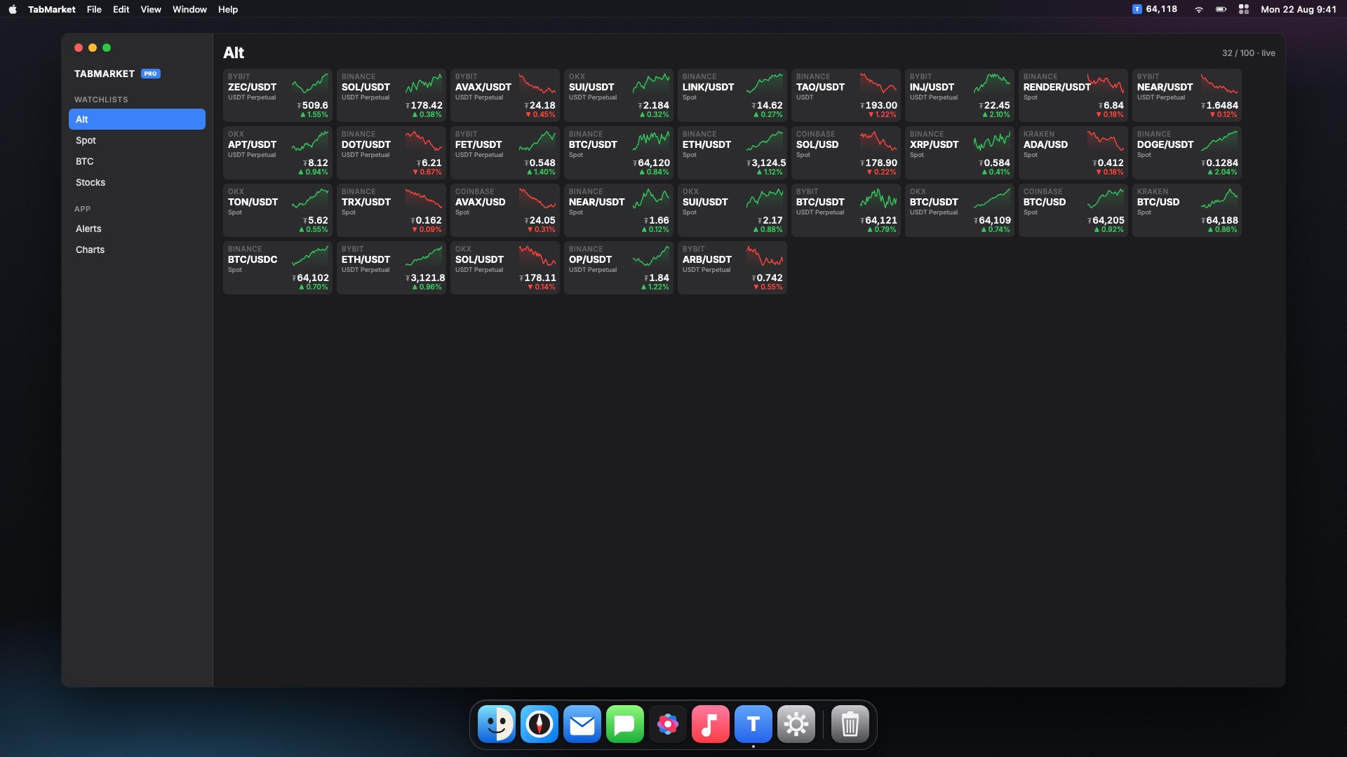 Full-screen macOS desktop with the native TabMarket app — sidebar, Alt grid, coming next